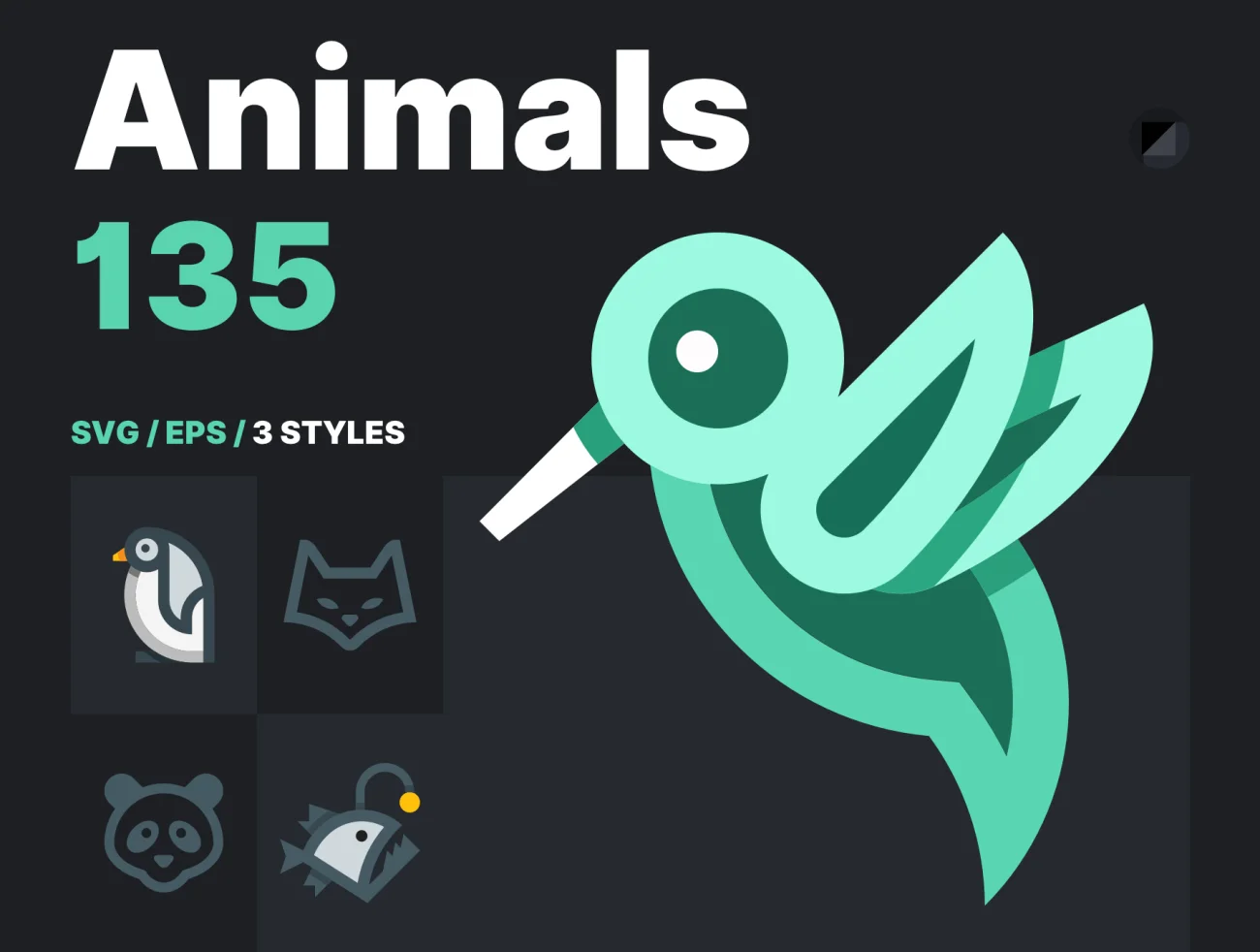 135款线性纯色矢量动物图标集下载 Animal Icons .svg .eps-3D/图标-到位啦UI