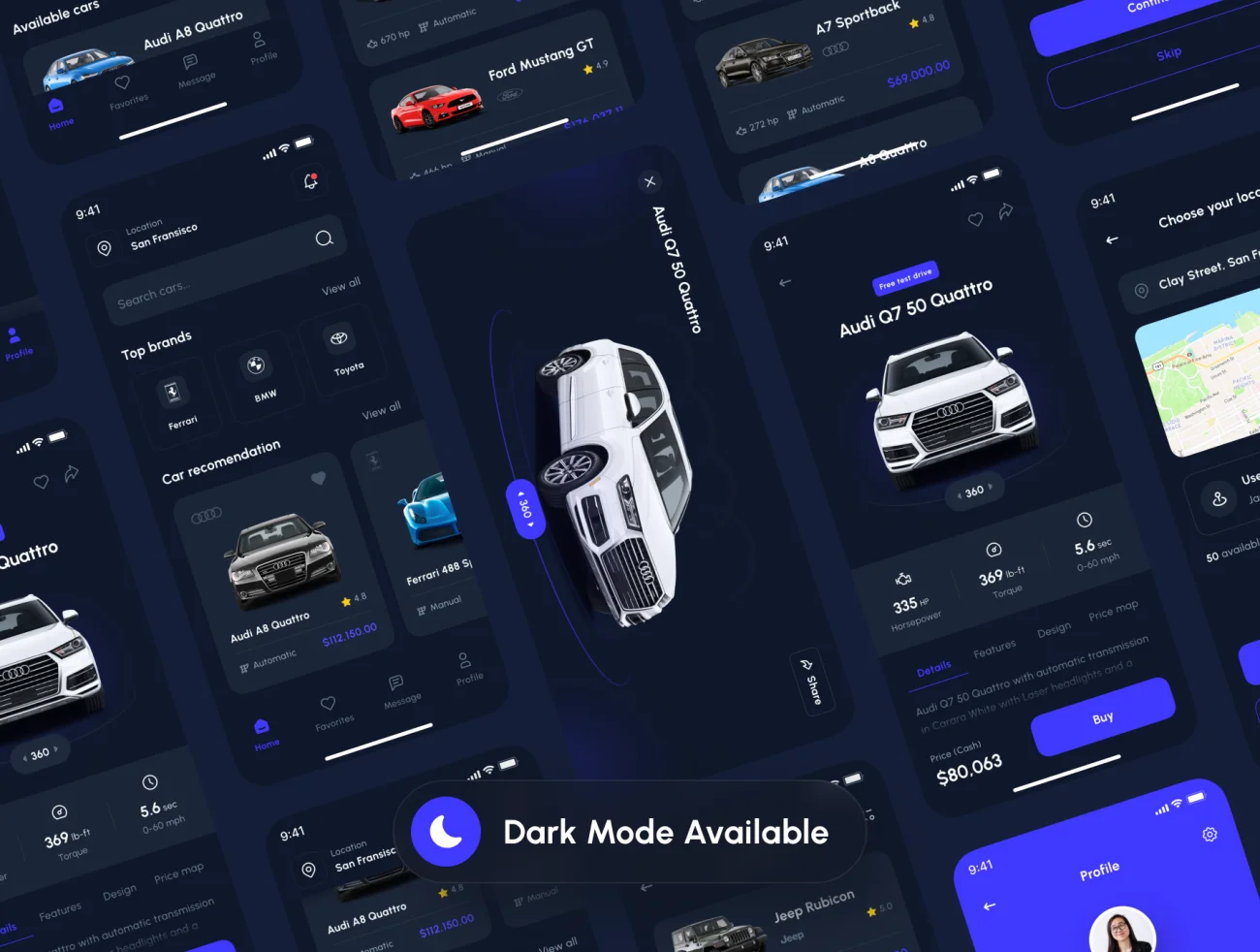 75屏汽车销售网购应用UI设计套件 Carline - Car Marketplace App UI Kit .figma-UI/UX、ui套件、主页、网站、网购、聊天、详情-到位啦UI