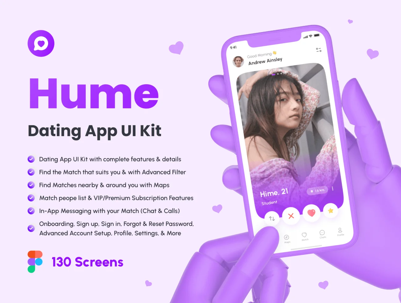 130屏紫色社交约会应用UI套件 Hume - Dating App UI Kit .figma-UI/UX、ui套件、主页、介绍、应用、社交、聊天-到位啦UI