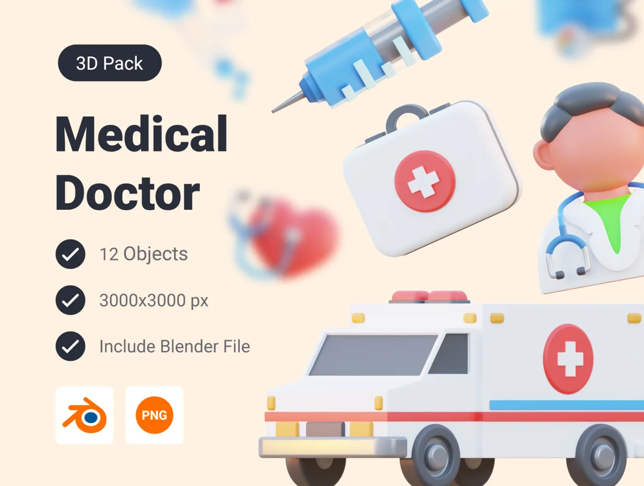 12款医疗3D图标模型素材 Medical & Doctor 3D Icon Pack .blender .png-3D/图标-到位啦UI