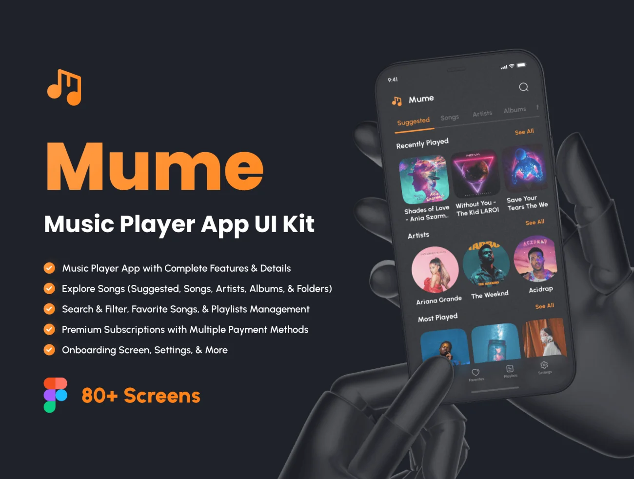 80屏音乐播放器应用UI设计套件 Mume - Music Player App UI Kit .figma-UI/UX、ui套件、主页、应用、播放器、社交-到位啦UI