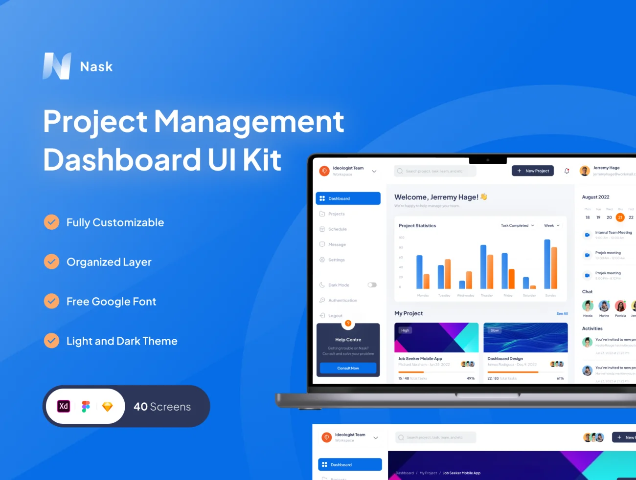 40屏项目管理数据可视化设计套件 Nask - Project Management Dashboard .xd .figma .sketch-UI/UX、ui套件、卡片式、数据可视化-仪表板、表单-到位啦UI