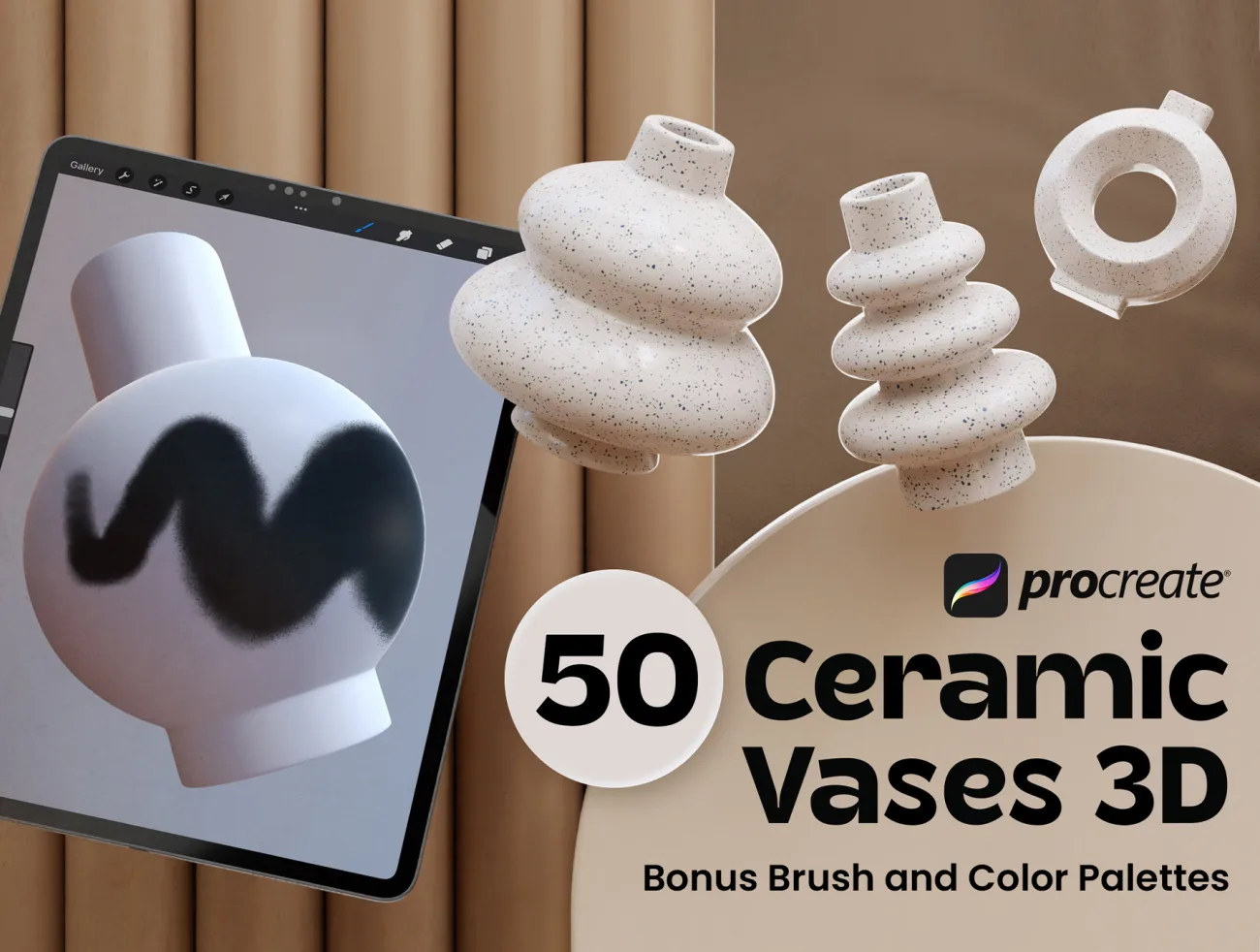 50款适用于procreate不同样式3D陶瓷花瓶模型笔刷配色参考素材 Procreate Ceramic Vases 3D .procreate-3D/图标-到位啦UI