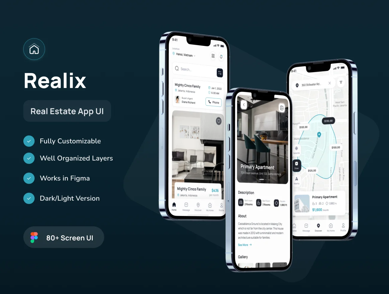 80屏房屋租赁销售应用UI设计套件 Realix - Real Estate App .figma-UI/UX、ui套件、主页、列表、卡片式、应用、网购、详情-到位啦UI