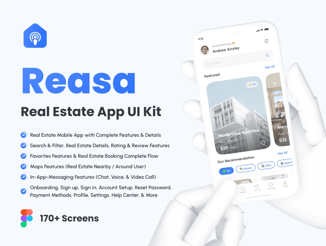 170屏房屋租赁销售应用UI设计套件 Reasa - Real Estate App UI Kit .figma-UI/UX、ui套件、主页、卡片式、地图、日历、网购、表单、详情、预订-到位啦UI