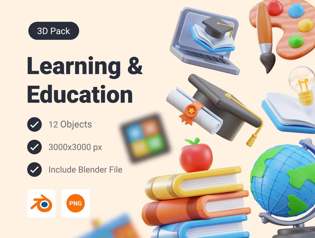 12款学习教育教具3D图标模型素材 School Education & Learning 3D Icon Pack .blender .png-3D/图标-到位啦UI