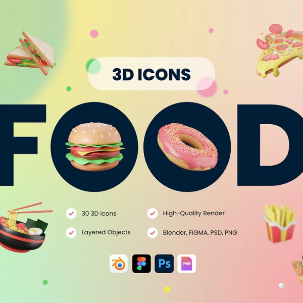 30款快餐日料3d模型图标 30 3D Food & Meals Icons Illustration .blender .figma .psd .png
