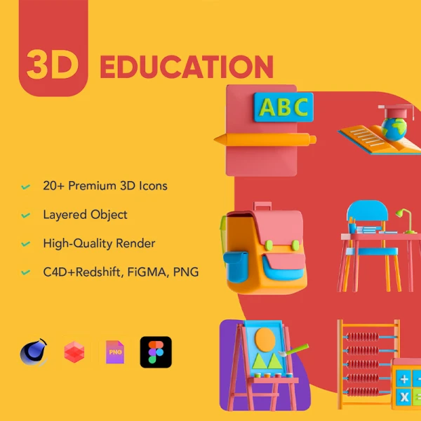 20款教育3D图标模型素材下载 3D Education Pack .c4d .png .figma