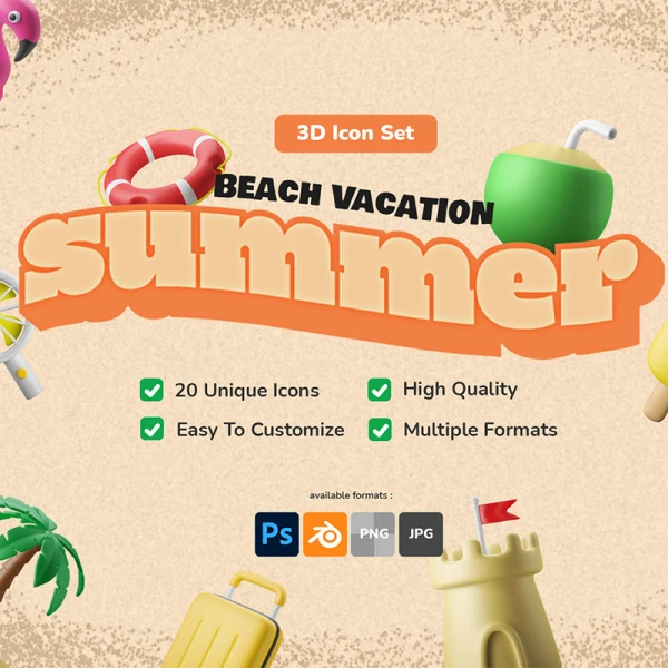 20款夏季海滩旅游度假3D图标模型素材下载 3D Icon Set - Summer Theme Beach Vacation .psd .blender .png .jpg