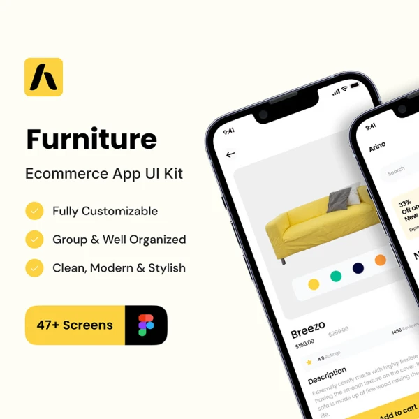 47屏家具电商网购平台应用UI设计套件 Arino - Furniture ecommerce App UI Kit .figma