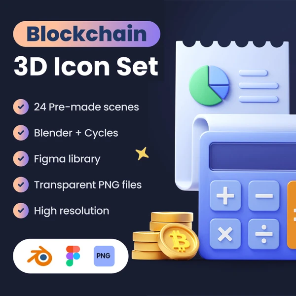24屏加密货币区块链3D图标模型下载 Blockchain 3D Icon Set .blender .figma .png