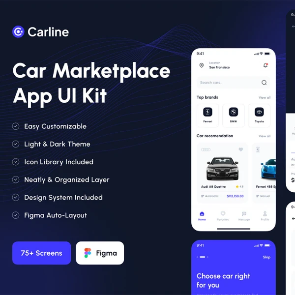 75屏汽车销售网购应用UI设计套件 Carline - Car Marketplace App UI Kit .figma