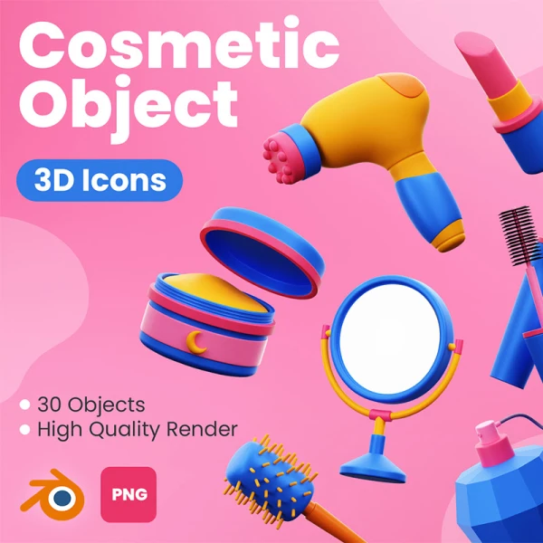 30款美妆化妆品工具3D图标模型素材下载 Cosmetic 3D Icons .blender .png