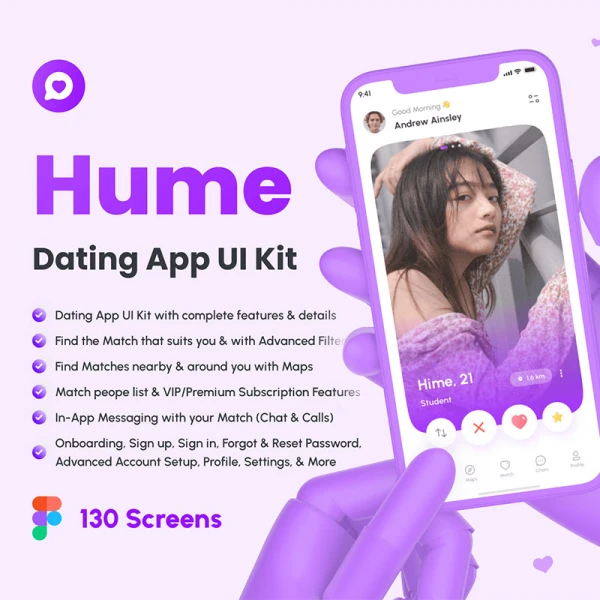 130屏紫色社交约会应用UI套件 Hume - Dating App UI Kit .figma