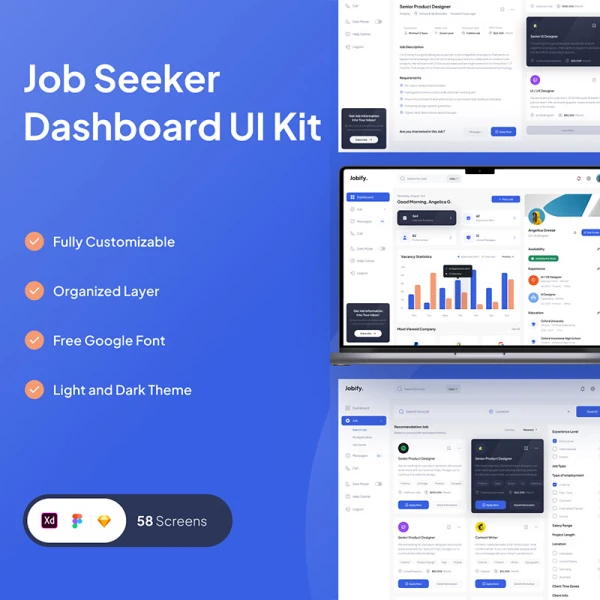58屏PC端求职招聘应用UI设计套件素材 Jobify - Job Seeker Dashboard .xd .figma .sketch