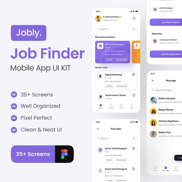35屏求职招聘应用UI设计套件素材 Jobly - Job Finder App UI KIT .figma