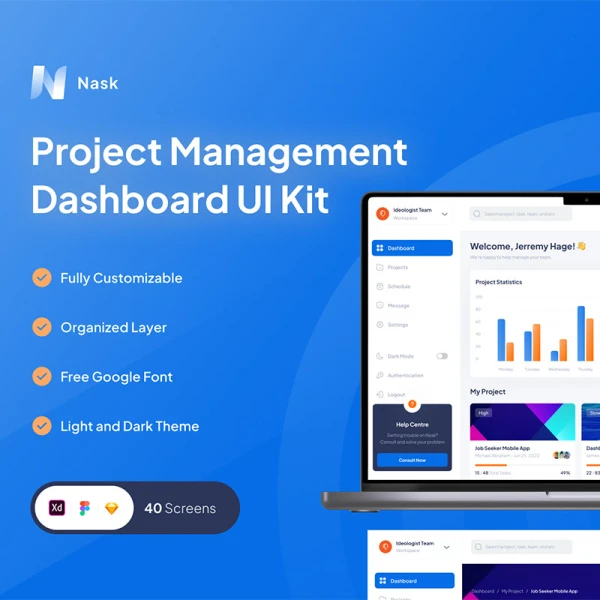 40屏项目管理数据可视化设计套件 Nask - Project Management Dashboard .xd .figma .sketch