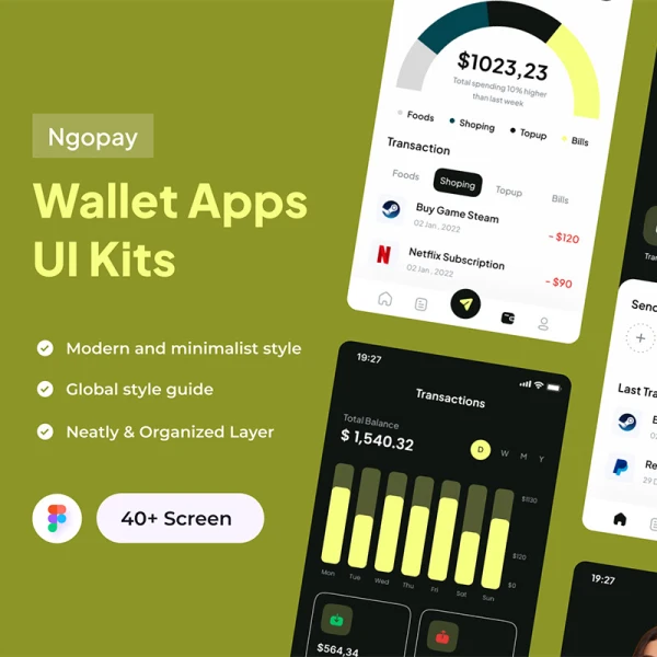 40屏电子钱包记账理财应用UI设计套件 Ngopay - Wallet Apps UI Kits .figma