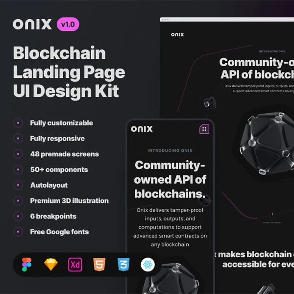 48屏区块链卖点营销着陆页UI模板设计套件 Onix Blockchain Landing Page UI Design Kit .figma .sketch .xd .html