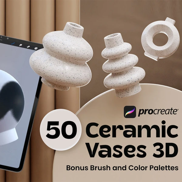 50款适用于procreate不同样式3D陶瓷花瓶模型笔刷配色参考素材 Procreate Ceramic Vases 3D .procreate