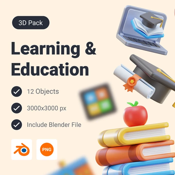 12款学习教育教具3D图标模型素材 School Education & Learning 3D Icon Pack .blender .png