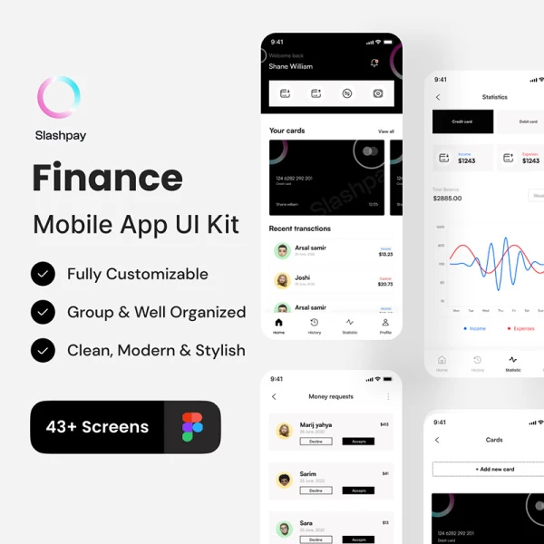 43屏金融理财数据可视化电子钱包应用UI设计套件 Slashpay - Finance App UI Kit .figma