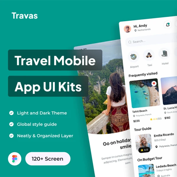 120屏景点旅游门票预定应用UI设计套件 Travas - Travel Mobile App UI Kits .figma