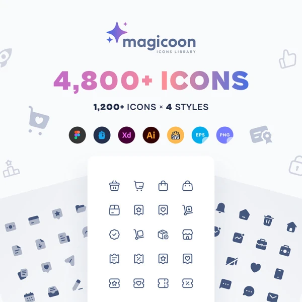 1200款线性纯色通用图标库4种风格 magicoon - 4,800+ UI icons library .figma .iconjar .xd .ai .svg .eps .png