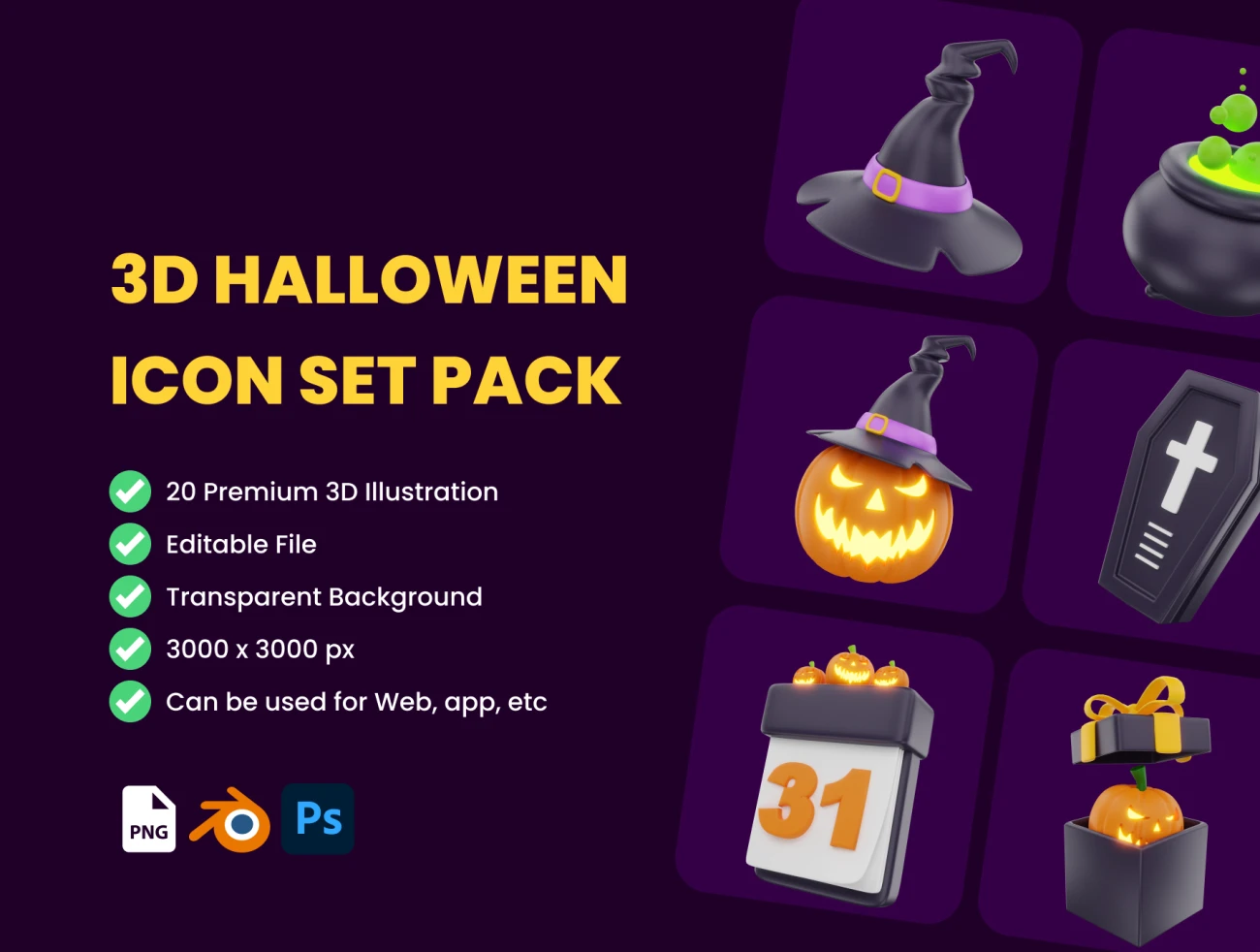 20款万圣节3D图标模型 3D Halloween Icon Set Pack .blender .psd-3D/图标-到位啦UI
