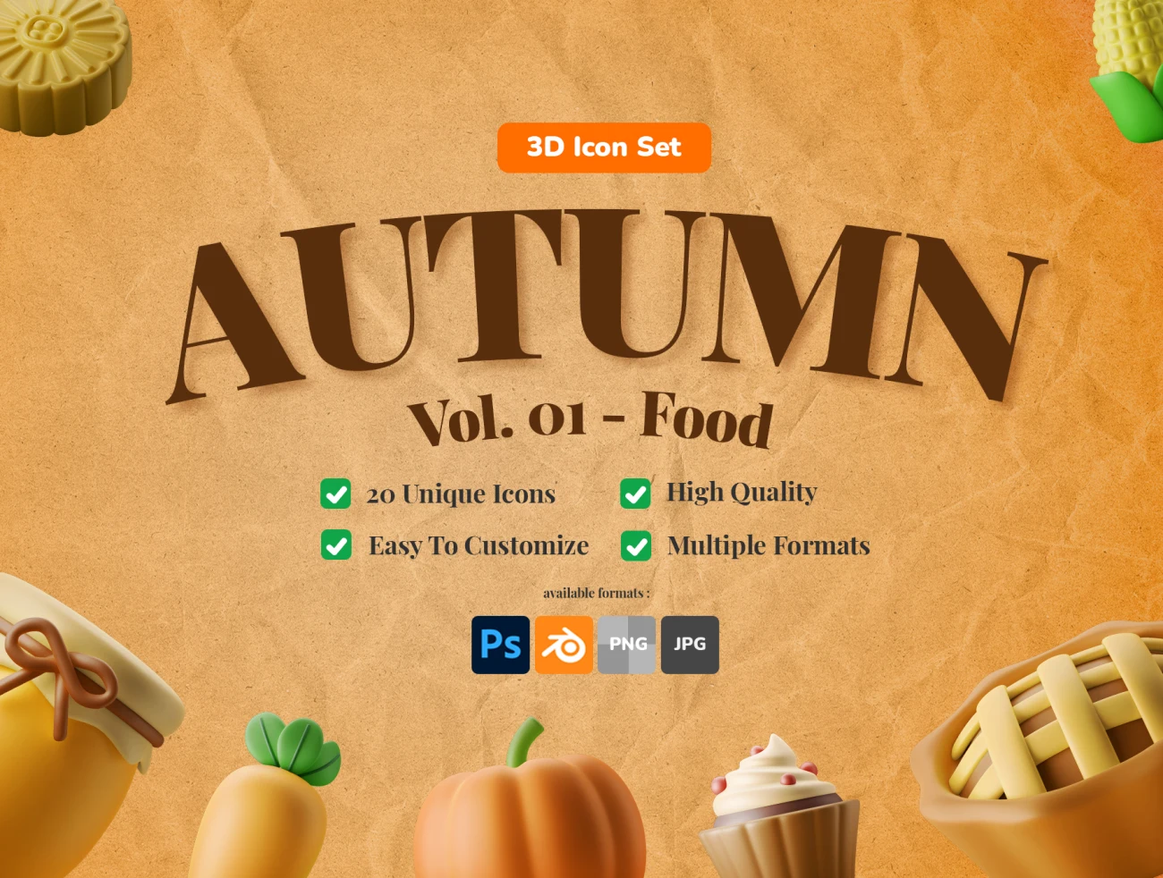 20款秋季水果食品3D图标模型 3D Icon Illustration Set - Autumn Food Theme .blender .psd-3D/图标-到位啦UI