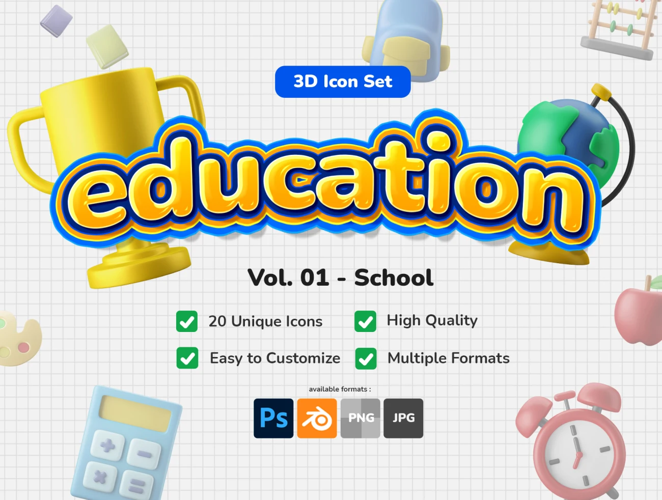 20款学校教育教具3D图标模型 3D Icon Set - Education School Theme .blender .psd-3D/图标-到位啦UI