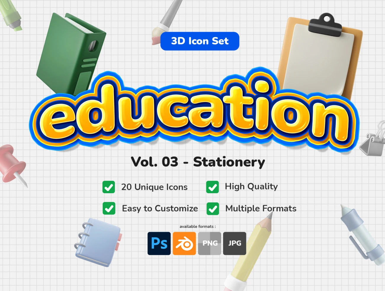 20款教育学习文具3D图标模型 3D Icon Set - Education Stationery Them .blender .psd-3D/图标-到位啦UI