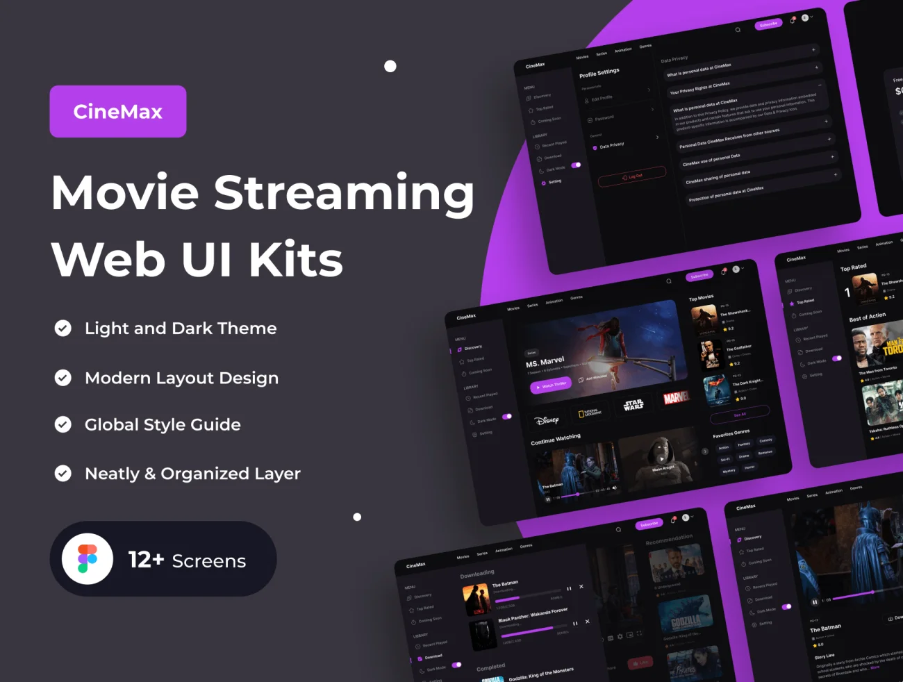 12屏现代流媒体网页播放器UI设计套件 CineMax - Movie Streaming Web UI Kits .figma-UI/UX、ui套件、主页、应用、播放器-到位啦UI