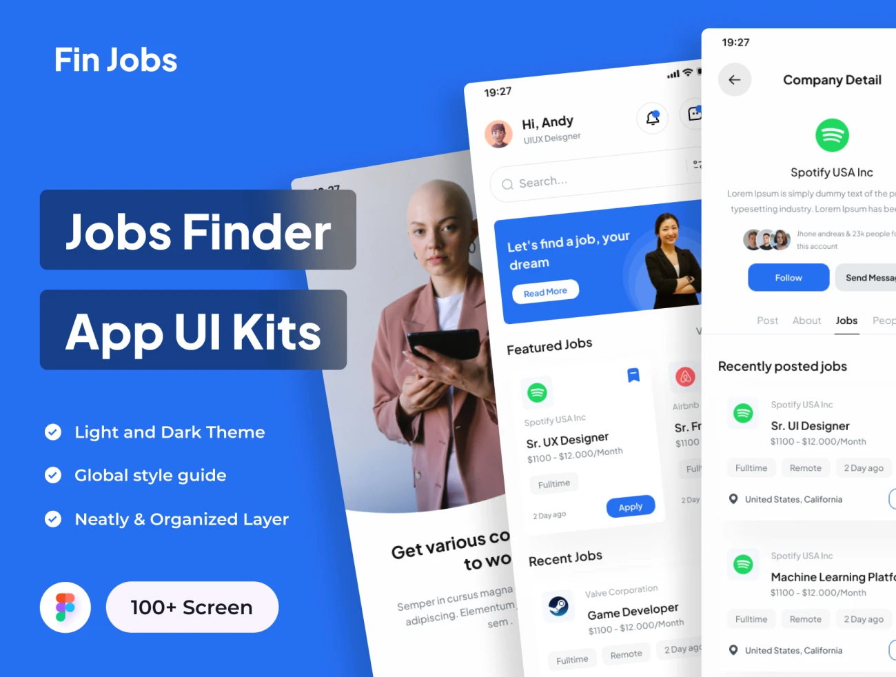 100屏求职招聘应用UI设计套件 Fin Jobs - Jobs Finder App UI Kits .figma-UI/UX、ui套件、主页-到位啦UI