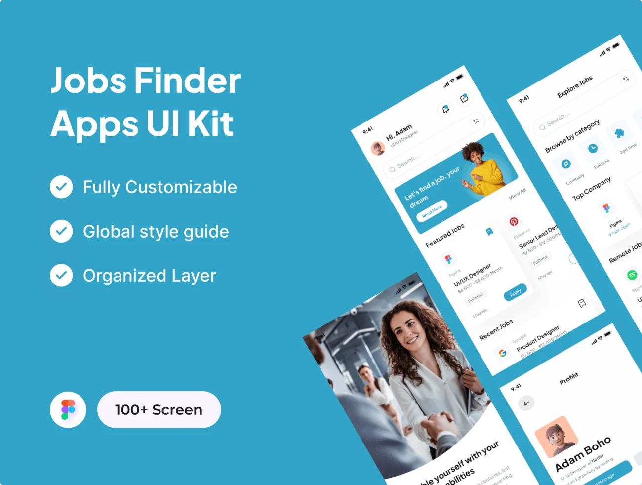 100屏求职招聘应用UI设计套件 Job Finder App UI Kits .figma-UI/UX、ui套件、主页、应用-到位啦UI