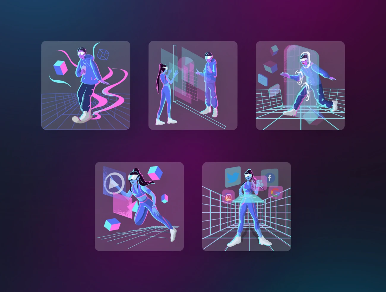 10款虚拟现实元宇宙人物形象矢量插画 Metaverse Illustration Pack .ai-人物插画、商业金融、场景插画、学习生活、插画、插画功能、插画风格、概念创意、科技智能-到位啦UI