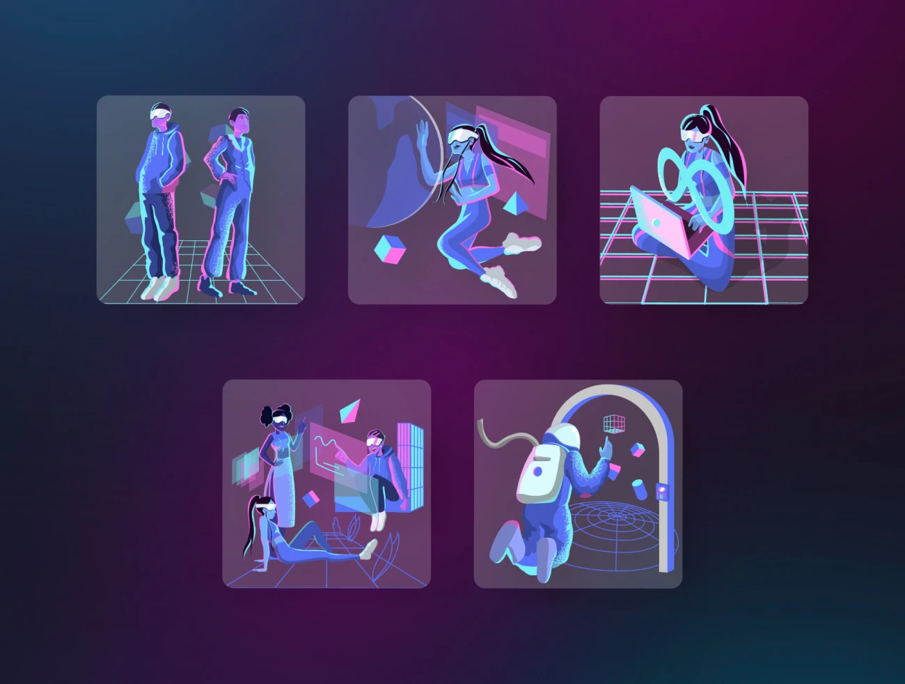 10款虚拟现实元宇宙人物形象矢量插画 Metaverse Illustration Pack .ai-人物插画、商业金融、场景插画、学习生活、插画、插画功能、插画风格、概念创意、科技智能-到位啦UI