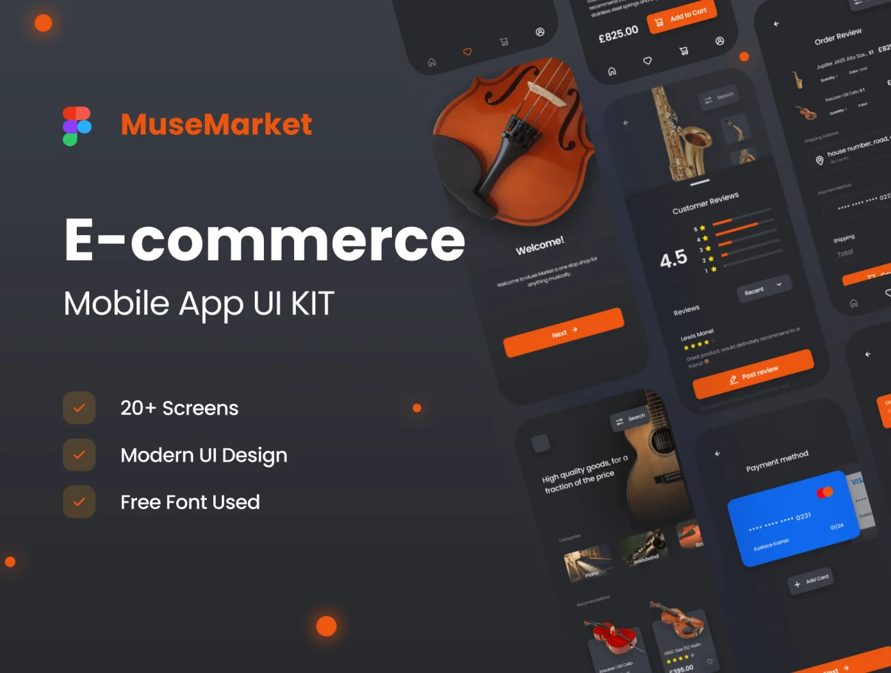 20屏在线商店应用UI设计套件 MuseMarket E-ccomerce Mobile App UI Kit .figma-UI/UX、ui套件、主页、列表、应用、网购、详情-到位啦UI