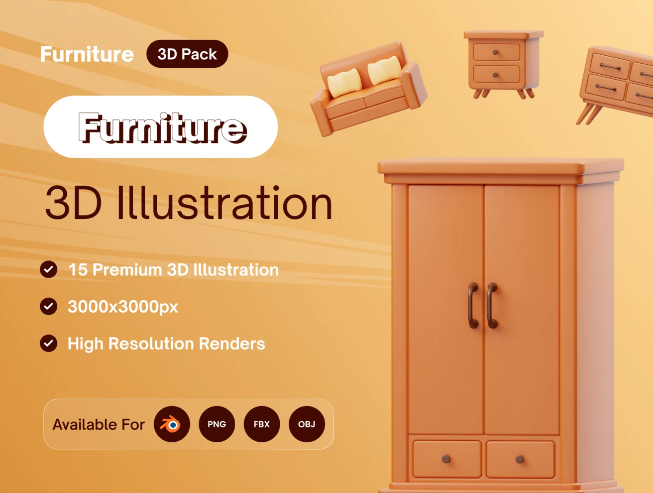 15款家居衣柜书桌3D图标模型 MYFURNITURE- 3D Furniture Icons .blender-3D/图标-到位啦UI