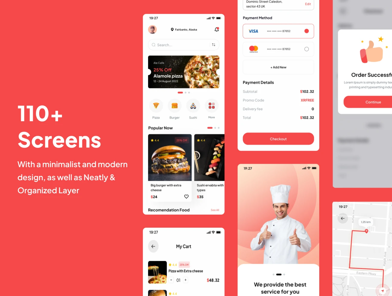 110屏视频外卖配送应用UI设计套件 Resfood - Food Delivery App UI Kits .figma-UI/UX、ui套件、主页、网购、详情、预订-到位啦UI