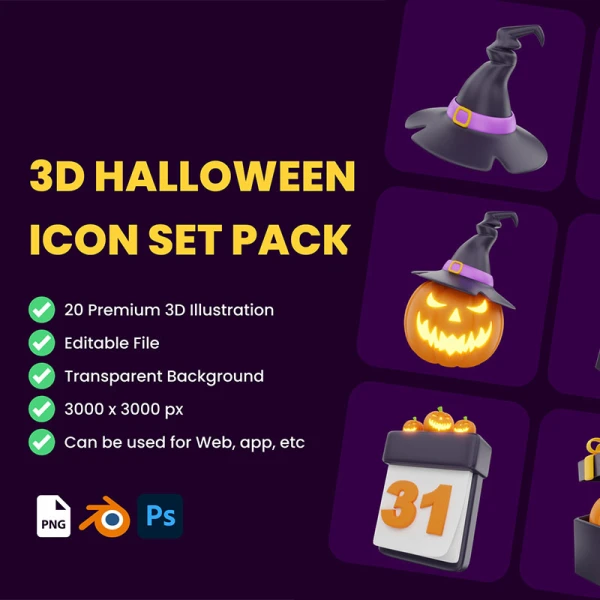 20款万圣节3D图标模型 3D Halloween Icon Set Pack .blender .psd