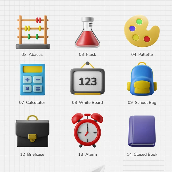 20款学校教育教具3D图标模型 3D Icon Set - Education School Theme .blender .psd