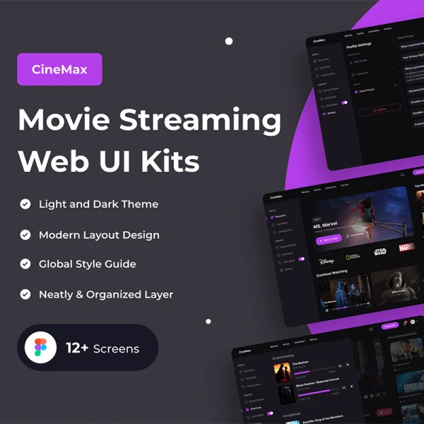 12屏现代流媒体网页播放器UI设计套件 CineMax - Movie Streaming Web UI Kits .figma