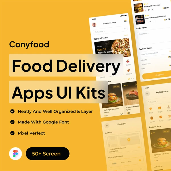 50屏外卖点餐应用UI设计套件 Conyfood - Food Delivery Apps UI Kits .figma