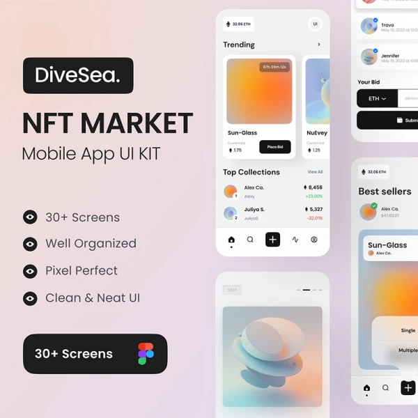 30屏高质量NFT交易平台UI设计套件 DiveSea - NFT Market App UI KIT .figma