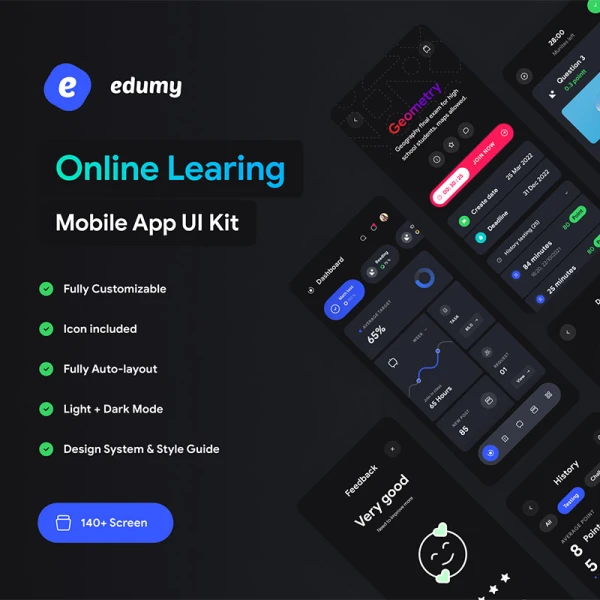 140屏在线学习手机应用程序UI套件 Edumy - Online Learning Mobile App UI Kit .figma