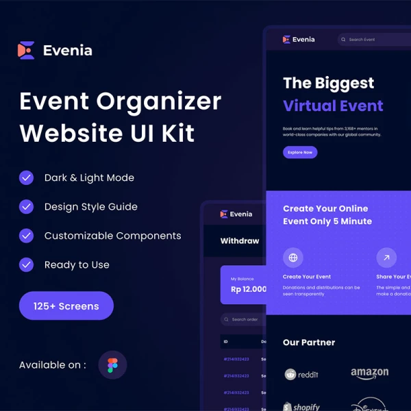 125屏活动主办平台展示网站模板 Evenia - Event Organizer Marketplace Website UI Kit .figma