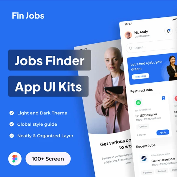 100屏求职招聘应用UI设计套件 Fin Jobs - Jobs Finder App UI Kits .figma