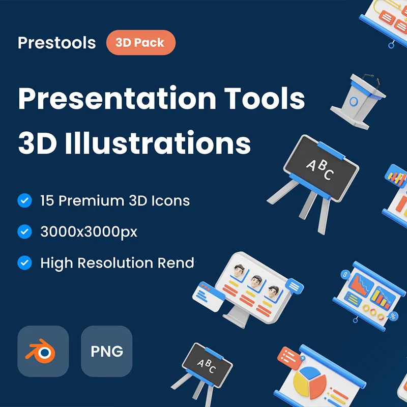 15款3D演示演讲商业3D图标模型 KOKPRESENTATION - 3D Presentation Tools Icons .blender缩略图到位啦UI
