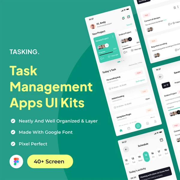 40屏任务管理应用UI设计套件 Tasking - Task Management Apps UI Kits .figma